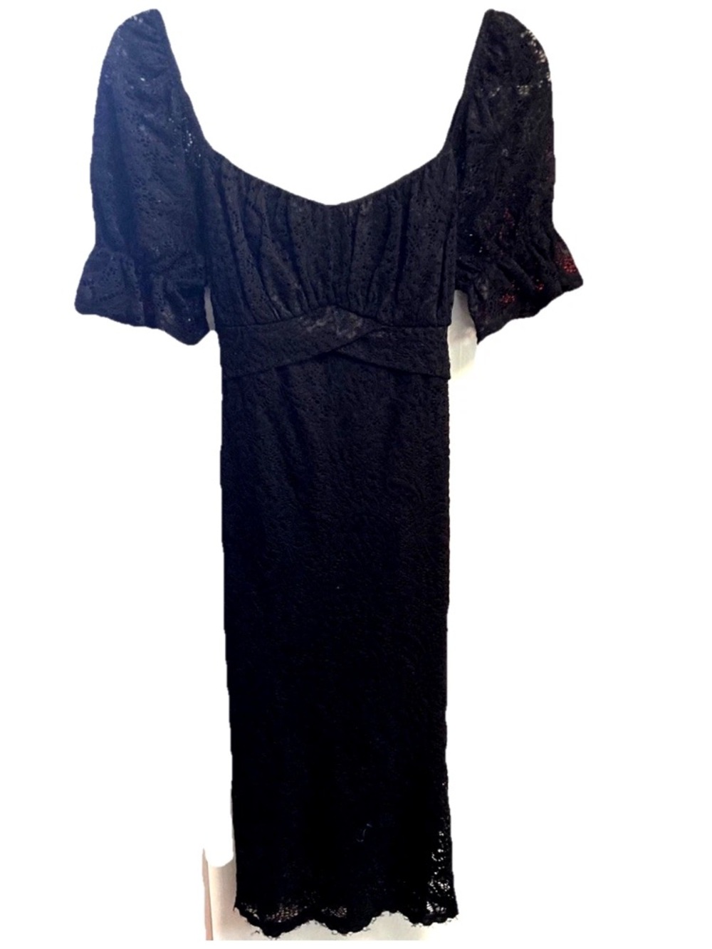 JJs House Black Lace Puff-Sleeve Midi Dress